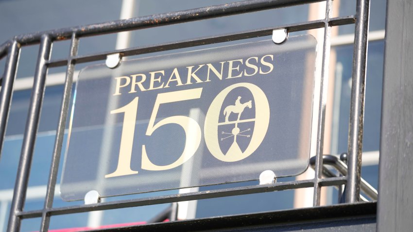 A general view of the signage representing the 150 running of the Preakness Stakes