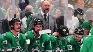 Dallas Stars heac coach Pete DeBoer reacts to play in the first period in Game 7 of a first-round NHL hockey playoff series against the Colorado Avalanche Saturday, May 3, 2025, in Dallas. (AP Photo/Julio Cortez)