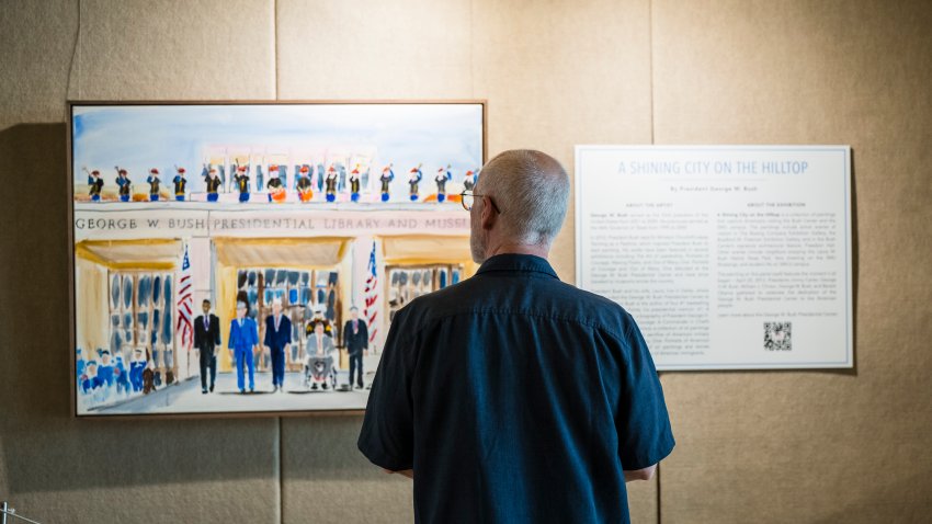 A visitor looks at an exhibit of paintings by President George W. Bush on display at the George W. Bush Presidential Museum on Thursday, May 15, 2025, in Dallas. (AP Photo/Jessica Tobias)