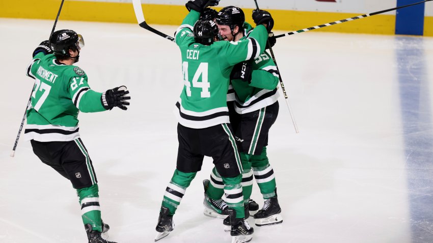 Dallas Stars’ Mason Marchment (27), Cody Ceci (44) and Thomas Harley, right, celebrate Harley’s goal in overtime of Game 6 of a second-round NHL hockey playoff series against the Winnipeg Jets in Dallas, Saturday, May 17, 2025. (AP Photo/Gareth Patterson)