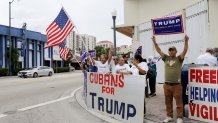 Cuban-Americans chant pro-Trump slogans as they show their support for Republican presidential candidate Donald Trump in Miami on Oct. 28, 2016.