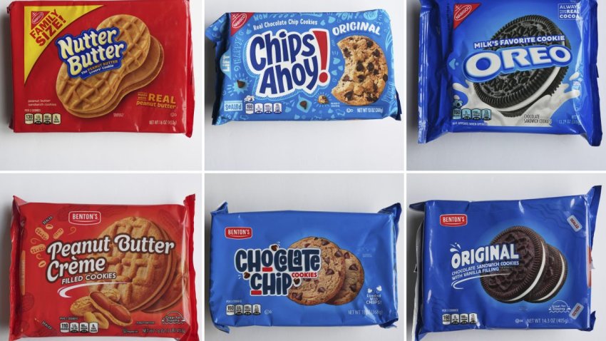 This combo of images shows, top row from left, Mondelez’s products Nutter Butter, Chips Ahoy! and Oreo cookies; bottom row from left, shows Aldi’s products, Peanut Butter Creme, Chocolate Chip  Cookies and Original Chocolate Sandwich Cookies with Vanilla Filing, Thursday, May 29, 2025, in Glenview, Ill. (AP Photos/Nam Y. Huh)