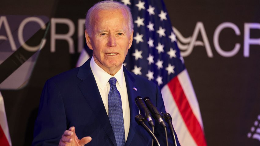 Former President Joe Biden speaks at the Sofitel Chicago Magnificent Mile on Tuesday, April 15, 2025.