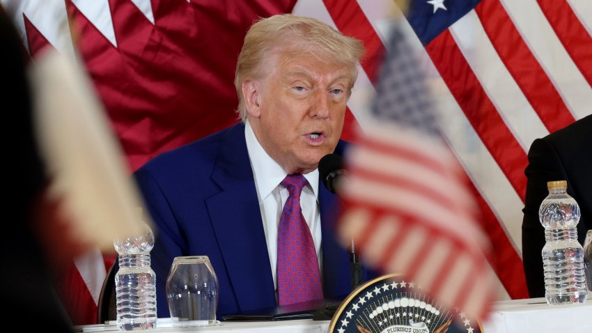 DOHA, QATAR – MAY 15: U.S. President Donald J. Trump meets with business leaders at the Ritz Carlton Hotel on May 15, 2025, in Doha, Qatar. Trump is on the third day of his visit to the Gulf to underscore the strategic partnership between the United States and Qatar, focusing on regional security and economic collaboration.