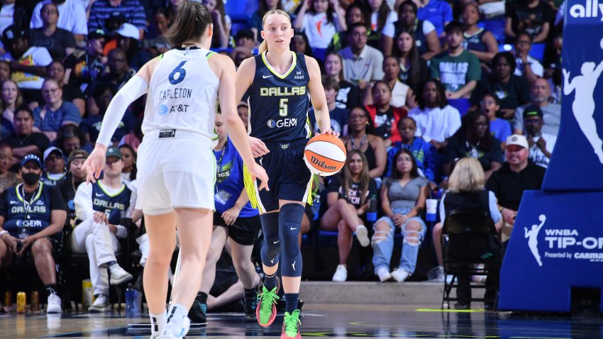 ARLINGTON, TX –  MAY 16: Paige Bueckers #5 of the Dallas Wings dribbles the ball during the game against the Minnesota Lynx on May 16, 2025 at the College Park Center in Arlington, TX.