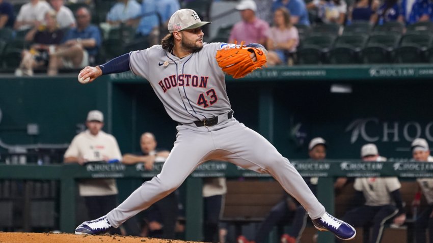 ARLINGTON, TX – MAY 16: Lance McCullers Jr. #43 of the Houston Astros pitches during the game between the Houston Astros and the Texas Rangers at Globe Life Field on Friday, May 16, 2025 in Arlington, Texas.