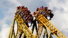 Guests ride Stardust Racers, a new dueling roller coaster ride in Celestial Park during a preview day for Universal Epic Universe on April 5, 2025. Orlando, Florida's first new theme park in a generation is set to open to the public on May 22. (Patrick Connolly/Orlando Sentinel/Tribune News Service via Getty Images)