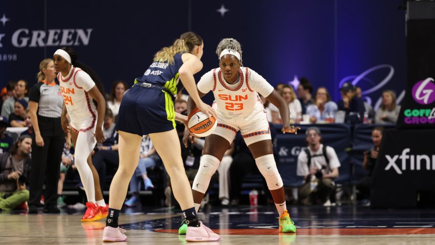 UNCASVILLE, CT – MAY 27: Kariata Diaby #23 of the Connecticut Sun plays defense during the game against the Dallas Wings on May 27, 2025 at the Mohegan Sun Arena in Uncasville, Connecticut.