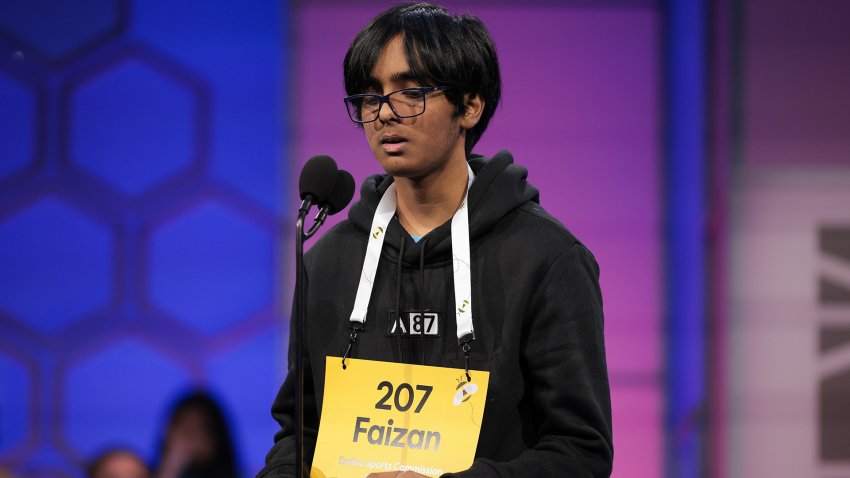 NATIONAL HARBOR, MARYLAND – MAY 28: Faizan Zaki, 13, of Dallas, Texas spells his word in the quarterfinals of the 2025 Scripps National Spelling Bee at the Gaylord National Resort and Convention Center on May 28, 2025 in National Harbor, Maryland. 243 spellers from all over the globe ages 8 to 14 compete from May 27-May 30, 2025 during the 100th anniversary of the bee.