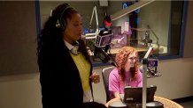 Cylie and her teacher, Keturah Hill, in the studios at KEOM.