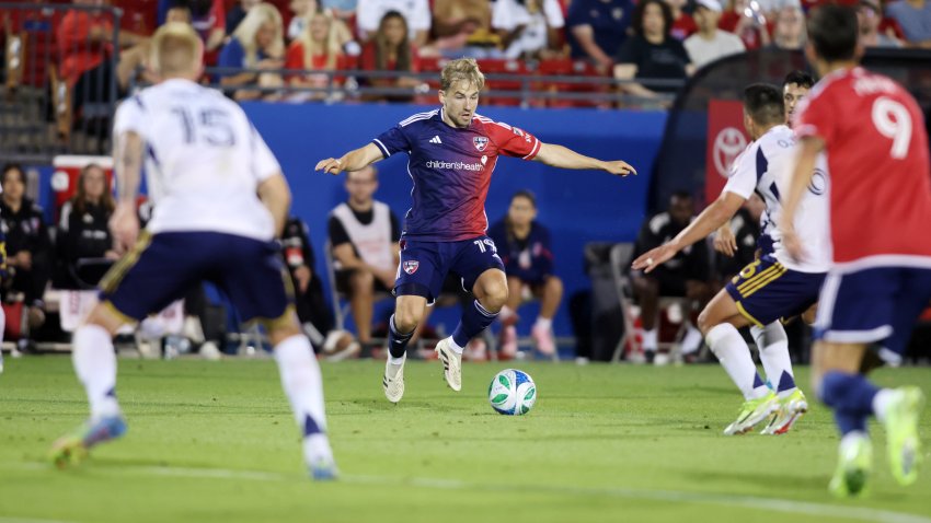 May 10, 2025; Frisco, Texas, USA; FC Dallas midfielder Paxton Pomykal (19) controls the ball against the Real Salt Lake during the second half at Toyota Stadium. Mandatory Credit: Tim Heitman-Imagn Images