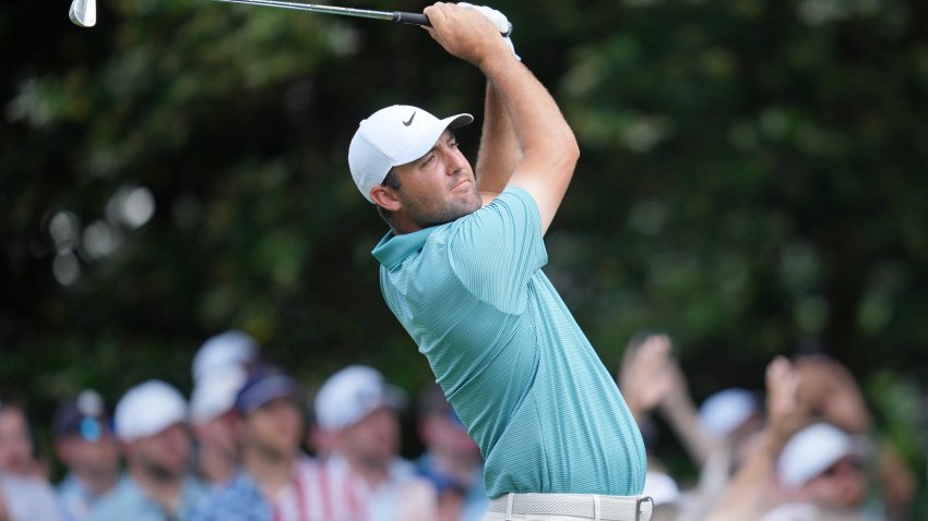 May 17, 2025; Charlotte, North Carolina, USA; Scottie Scheffler tees off on the sixth hole during the third round of the PGA Championship golf tournament at Quail Hollow. Mandatory Credit: Aaron Doster-Imagn Images