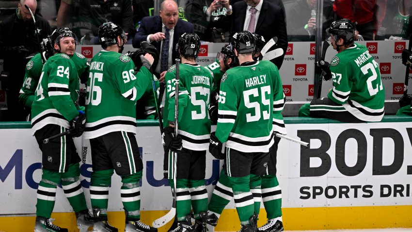 May 17, 2025; Dallas, Texas, USA; The Dallas Stars huddle before going on the power play against the Winnipeg Jets during the third period in game six of the second round of the 2025 Stanley Cup Playoffs at American Airlines Center. Mandatory Credit: Jerome Miron-Imagn Images