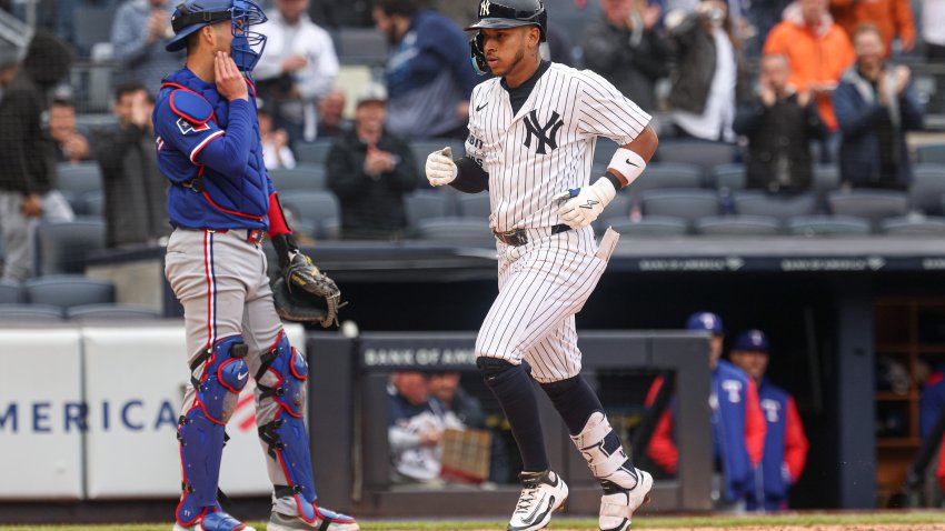 May 22, 2025; Bronx, New York, USA; New York Yankees second baseman Jorbit Vivas (90) scores after hitting a solo home run during the fifth inning against the Texas Rangers at Yankee Stadium. Mandatory Credit: Vincent Carchietta-Imagn Images