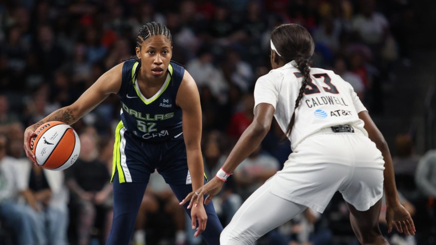 May 24, 2025; College Park, Georgia, USA; Atlanta Dream guard Maya Caldwell (33) plays defense against Dallas Wings guard Tyasha Harris (52) during the first quarter at Gateway Center Arena at College Park. Mandatory Credit: Jordan Godfree-Imagn Images