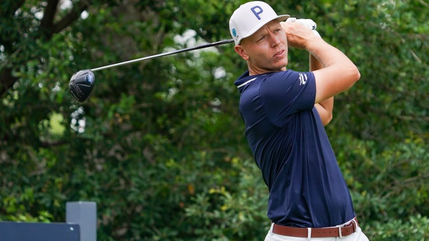 May 24, 2025; Fort Worth, Texas, USA; Matti Schmid plays his shot from the ninth tee during the third round of the Charles Schwab Challenge golf tournament.