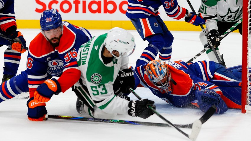 May 25, 2025; Edmonton, Alberta, CAN; Edmonton Oilers goaltender Stuart Skinner (74) stops a shot by Dallas Stars center Wyatt Johnston (53) during the second period in game three of the Western Conference Final of the 2025 Stanley Cup Playoffs at Rogers Place.