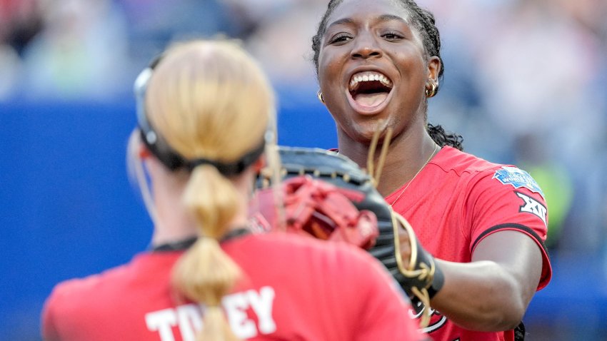 Texas Tech starting pitcher/relief pitcher NiJaree Canady (24) celebrates with teammates in the fourth inning during game 3 between Texas Tech and Ole Miss at the Women’s College World Series at Devon Park in Oklahoma City, on Thursday, May 29, 2025.
