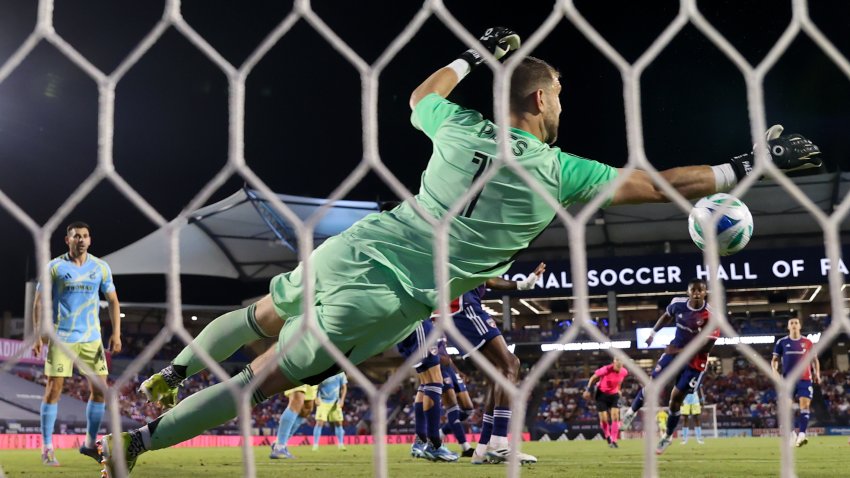 May 31, 2025; Frisco, Texas, USA;  FC Dallas goalkeeper Maarten Paes (1) makes a save during the second half against the Philadelphia Union at Toyota Stadium.
