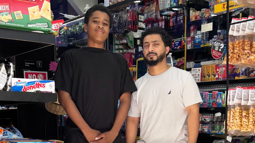 Eighth grade student Zamier Davies and bodega manager Wail Alselwi