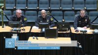 Dallas Chief of Police Daniel Comeaux, center, gives a report to the city’s Public Safety Committee on slow response times, Monday, May 12, 2025.