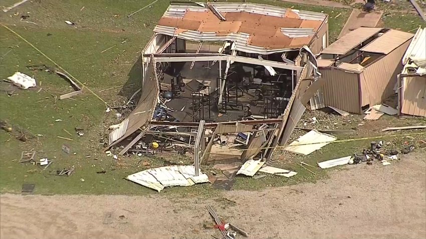 A high school weight room destroyed by storms on Sunday, May 18, 2025. Photo taken Monday, May 19, 2025.