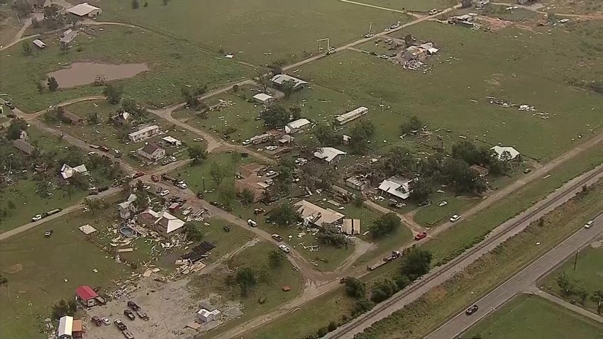 Aerial video from Texas Sky Ranger shows catastrophic damage in Gordon, Texas, where at least one EF-1 tornado is confirmed to have touched down on Sunday, May 18, 2025.