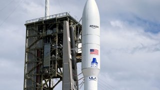 A United Launch Alliance Atlas V rocket is on the launch pad carrying Amazon’s Project Kuiper internet network satellites, which are expected to eventually rival Elon Musk’s Starlink system, at the Cape Canaveral Space Force Station in Cape Canaveral, Florida, on April 9, 2025.