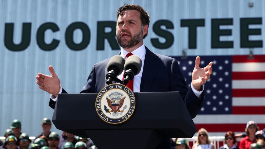 U.S. Vice President JD Vance speaks, during a tour of Nucor Steel Berkeley in Huger, South Carolina, U.S., May 1, 2025.