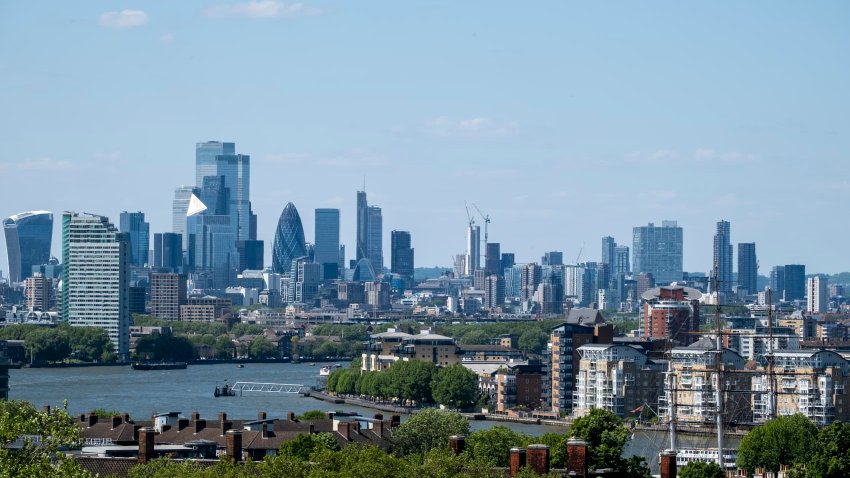 Skyline view of the City of London financial district from the viewpoint in Greenwich Park in London, United Kingdom.