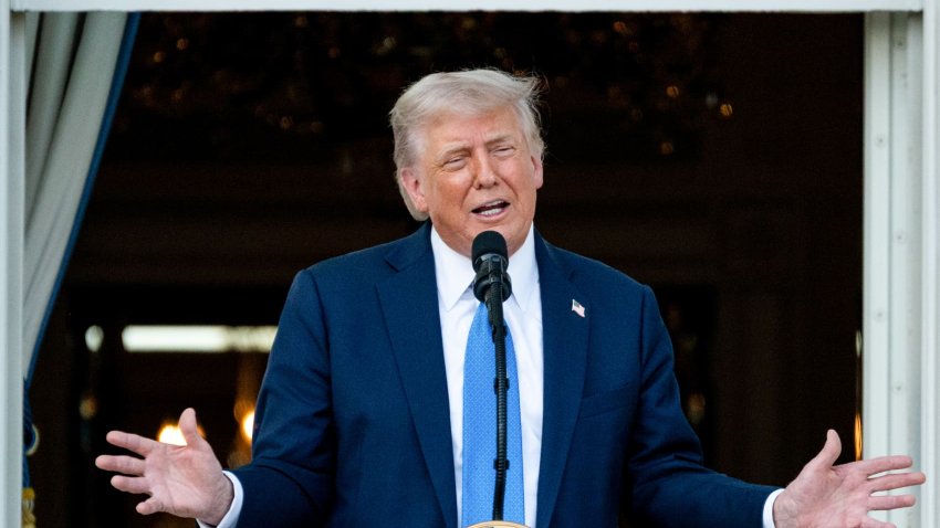 US President Donald Trump speaks from the Truman balcony from the White House on Wed., June 4, 2025.