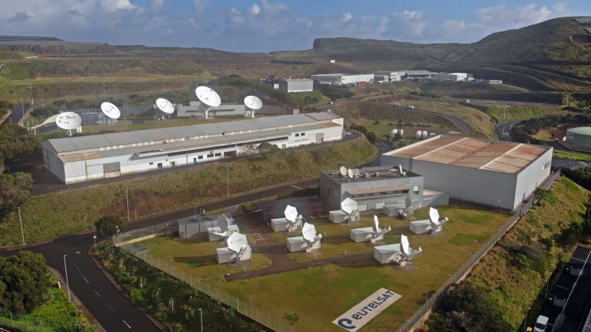 A ground network of satellites at the headquarters of Eutelsat Madeira Unipessoal Lda in Canial, Madeira, Portugal, on Saturday, March 8, 2025.