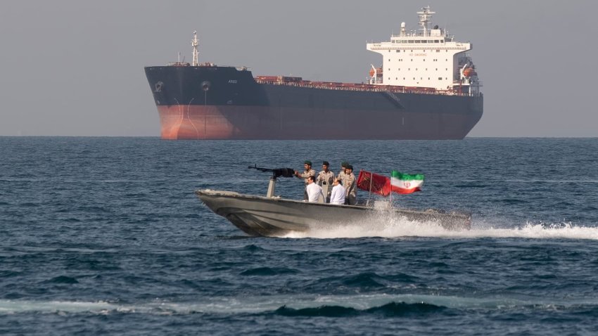 Iranian Navy soldiers at an armed speed boat in Persian Gulf near the strait of Hormuz about 1320km (820 miles) south of Tehran, April 30, 2019.