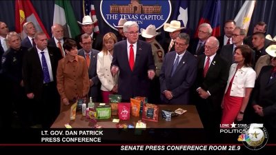 Lt. Governor Dan Patrick flexes his muscles at the state capitol