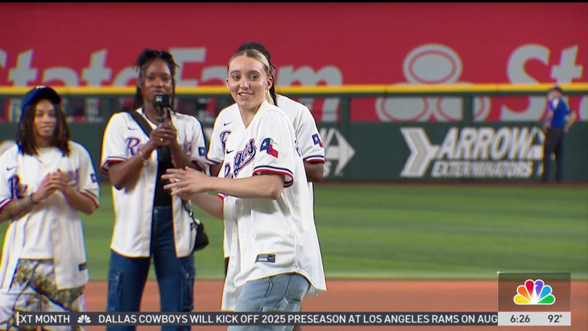 Paige Bueckers throws out first pitch at Texas Rangers