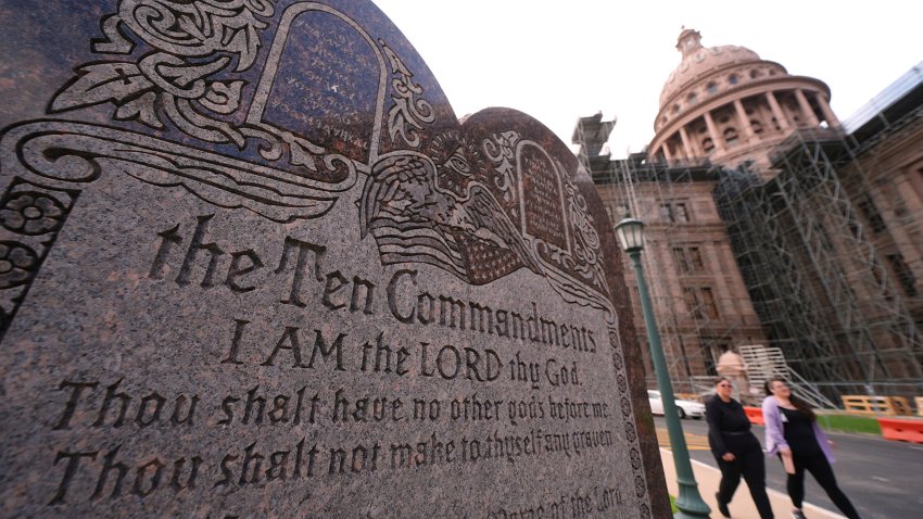 A granite Ten Commandments monument stands on the ground of the Texas Capitol, Thursday, May 29, 2025, in Austin, Texas. (AP Photo/Eric Gay)