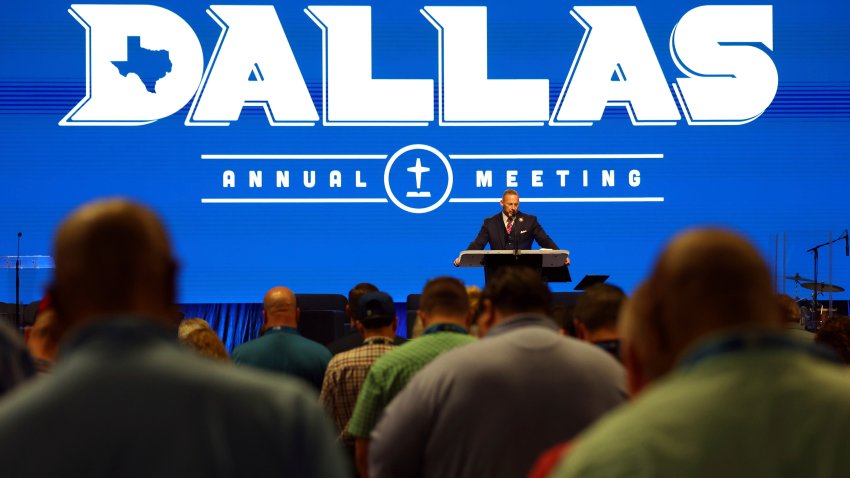Southern Baptist Convention President Clint Pressley gives the President’s Address during the 2025 SBC Annual Meeting, Tuesday, June 10, 2025, in Dallas. (AP Photo/Richard W. Rodriguez)