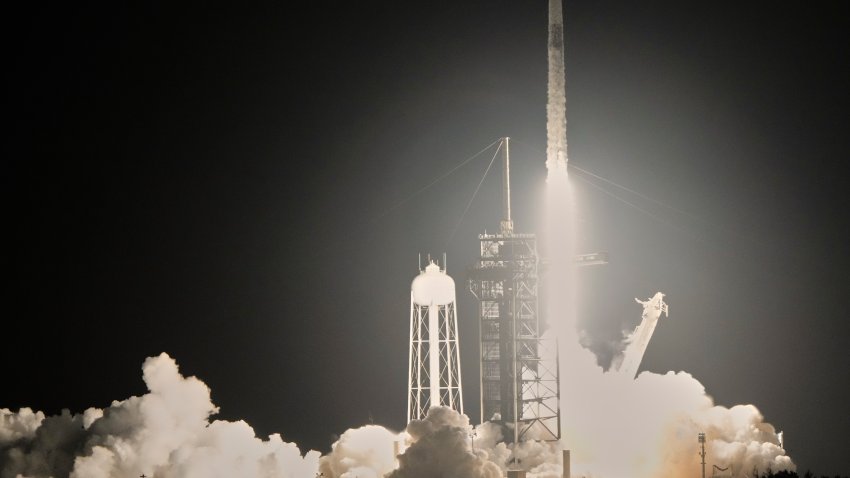 A SpaceX Falcon 9 rocket with a crew of four aboard a Dragon Spacecraft lifts off from pad 39A at the Kennedy Space Center in Cape Canaveral, Fla., Wednesday, June 25, 2025.
