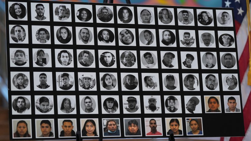 Photos of victims are displayed during a news conference following the the sentence hearing for Felipe Orduna-Torres and Armando Gonzales-Ortega, smugglers connected to an operation that led to the deaths of 53 migrants in the back of a tractor-trailer, Friday, June 27, 2025, in San Antonio.