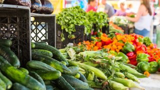 Local produce at the summer farmers market in the city.