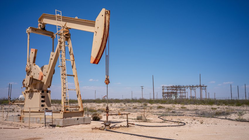 GRANDFALLS, TEXAS – MARCH 24: An oil pumpjack in a field on March 24, 2024 in Grandfalls, Texas. Employment in Texas has reached record highs, with the oil- and gas-producing Permian Basin, which covers a large swathe of west Texas, leading the way. Permian Basin towns of Midland and Odessa notched 2.6 and 3.5 percent unemployment respectively, according to the report touted earlier this month by Gov. Gregg Abbott.  (Photo by Brandon Bell/Getty Images)