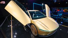 BRUSSELS, BELGIUM - JANUARY 10: Tesla Cybercab or Robotaxi two-passenger battery-electric self-driving car on display at the AutoSalon on January 10, 2025 in Brussels, Belgium. (Photo by Sjoerd van der Wal/Getty Images)