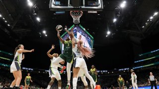 SEATTLE, WA – JUNE 3 : Nneka Ogwumike #3 of the Seatttle Storm drives to the basket during the game against the Dallas Wings  on June 3, 2025 at Climate Pledge Arena in Seattle, Washington. NOTE TO USER: User expressly acknowledges and agrees that, by downloading and or using this photograph, User is consenting to the terms and conditions of the Getty Images License Agreement. Mandatory Copyright Notice: Copyright 2025 NBAE (Photo by Scott Eklund/NBAE via Getty Images)