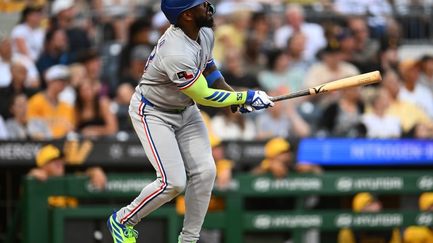 PITTSBURGH, PENNSYLVANIA – JUNE 20: Adolis García #53 of the Texas Rangers hits a solo home run during the fourth inning against the Pittsburgh Pirates at PNC Park on June 20, 2025 in Pittsburgh, Pennsylvania.