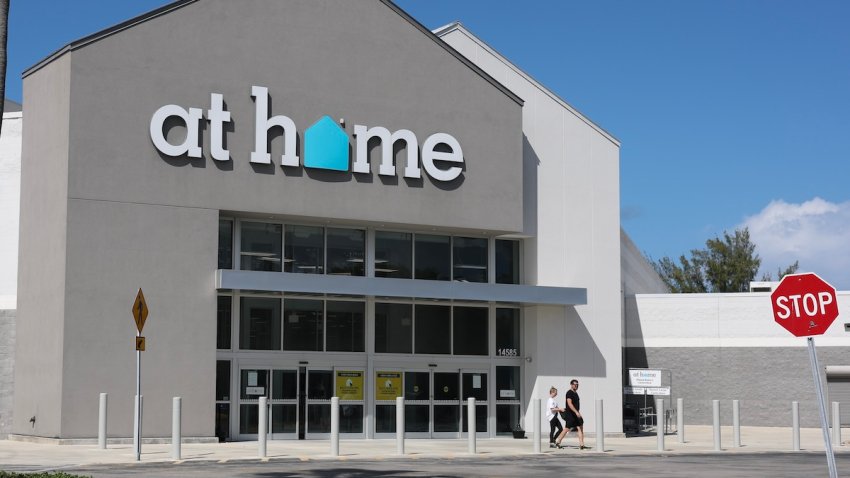 The entrance to an At Home store on June 16, 2025 in Miami, Florida. The home decor and furniture retailer, with more than 200 locations in the United States, is filing for bankruptcy after struggling for months amid rising tariffs.