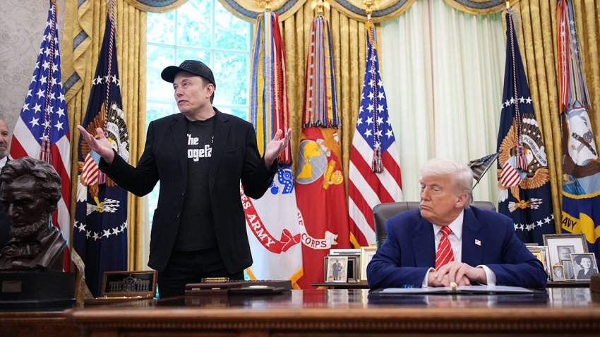 File - Elon Musk speaks alongside U.S. President Donald Trump in the Oval Office of the White House on May 30, 2025.