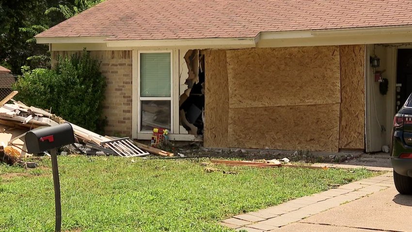 Damage to Fort Worth home after intoxicated driver crashed car into it.