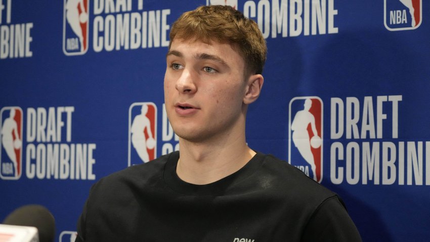 May 14, 2025; Chicago, Il, USA; Cooper Flagg talks to the media during the 2025 NBA Draft Combine at Marriott Marquis Chicago.