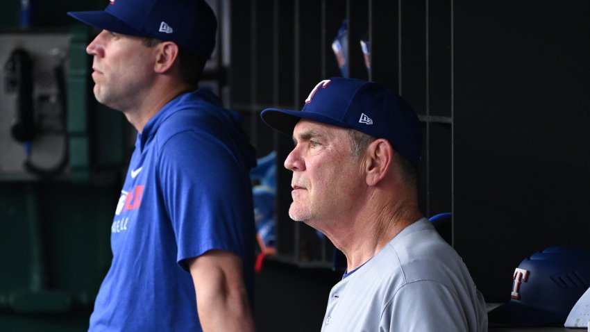 Jun 6, 2025; Washington, District of Columbia, USA; Texas Rangers manager Bruce Bochy (15) sits in the dugout during the third inning against the Washington Nationals at Nationals Park. Mandatory Credit: Rafael Suanes-Imagn Images