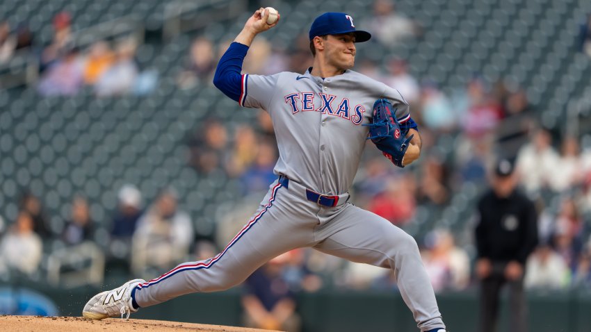 Jun 11, 2025; Minneapolis, Minnesota, USA; Texas Rangers starting pitcher Jack Leiter (35) throws a pitch during the first inning against the Minnesota Twins at Target Field. Mandatory Credit: Jordan Johnson-Imagn Images